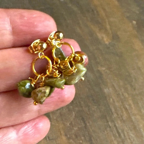 Unakite confetti dangle chandelier earrings gold/grounding stone for Scorpio - Picture 2 of 6